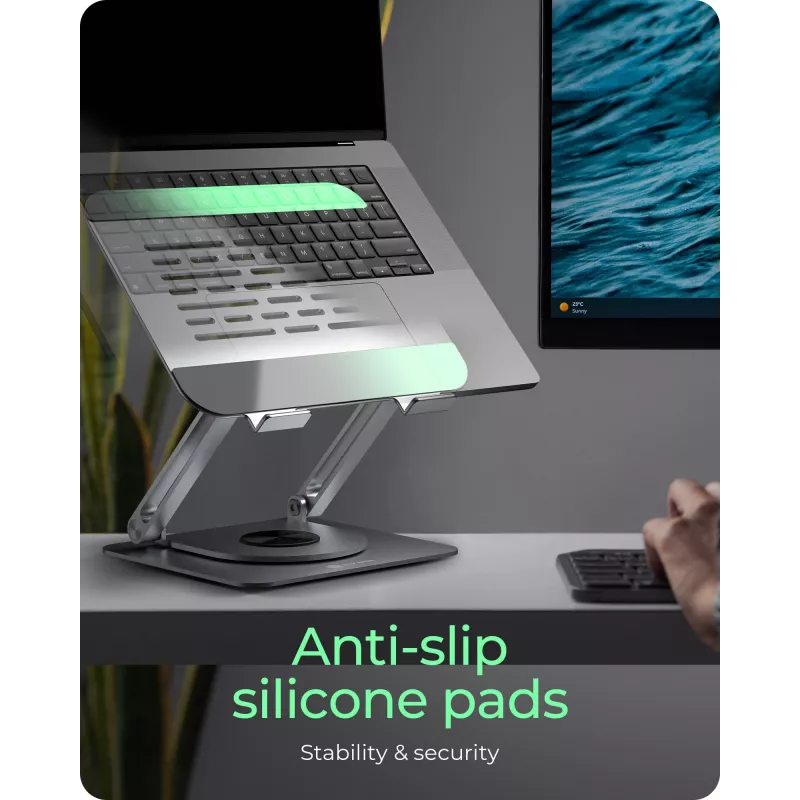 Podstawka pod laptop RAIDSONIC IB-NH300-R, aluminiowa, srebrna, pasuje do 17 cali (43,2 cm), obrót 360°, 280×230×550 mm