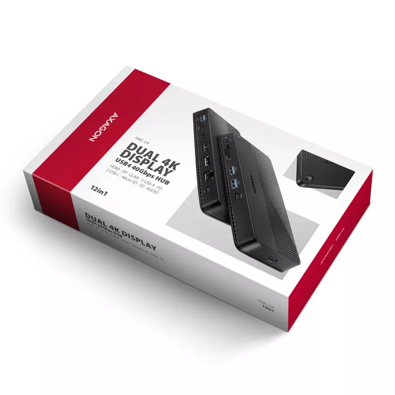 Stacja dokująca Axagon HMC-U4 USB4, 3x USB-A, 2x USB-C, HDMI i DP 8K/30Hz, RJ-45, SD/mSD, audio, PD 100W