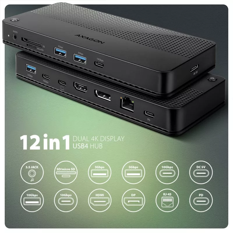 Stacja dokująca Axagon HMC-U4 USB4, 3x USB-A, 2x USB-C, HDMI i DP 8K/30Hz, RJ-45, SD/mSD, audio, PD 100W