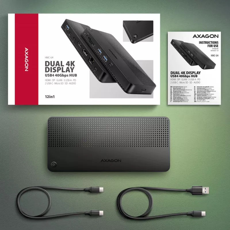 Stacja dokująca Axagon HMC-U4 USB4, 3x USB-A, 2x USB-C, HDMI i DP 8K/30Hz, RJ-45, SD/mSD, audio, PD 100W