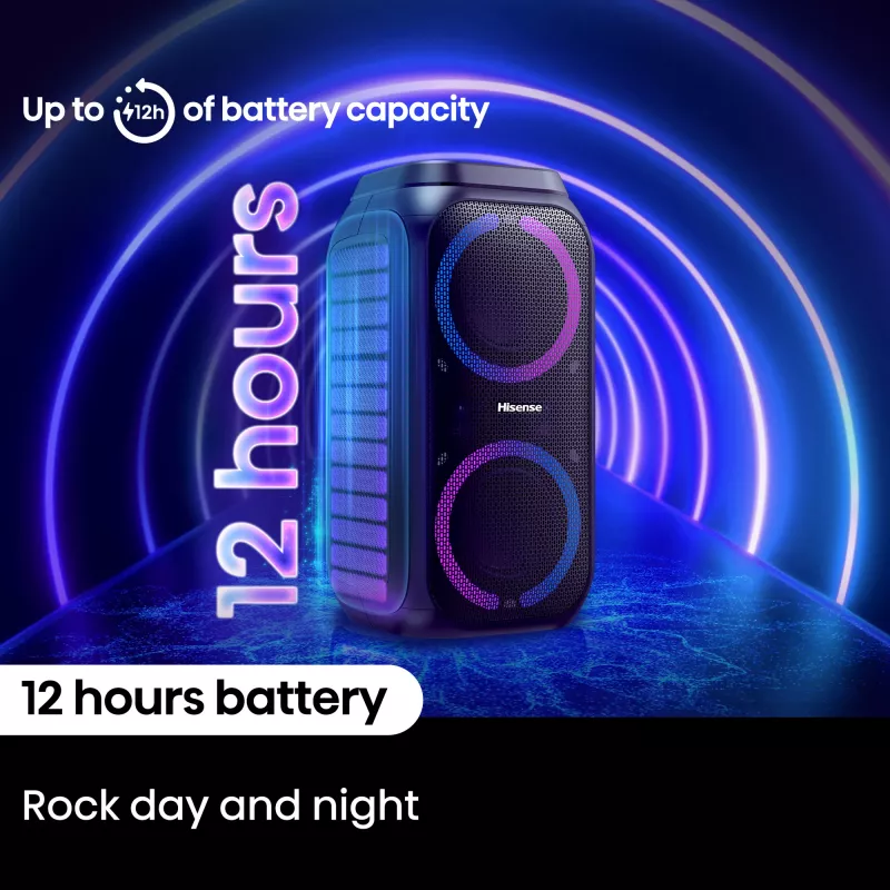 Przenośny głośnik imprezowy HISENSE Party Rocker 160 — 160 W RMS, 2.0 kanały, IPX4, czarny, 6,3 kg