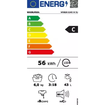 Pralka Whirlpool WRBSB 6249 W EU — ładowana od przodu, 6 kg, 1151 obr./min, klasa energetyczna C, biała