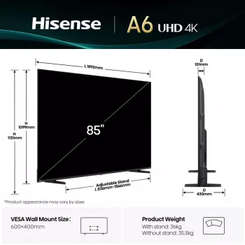 Hisense 85A6Q Telewizor 2,16 m (85 cali) 4K Ultra HD Smart TV Wi-Fi Czarny 400 cd/m²