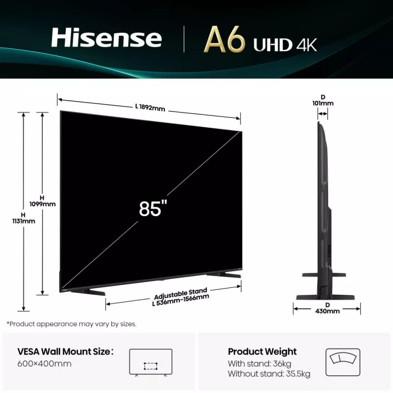 Hisense 85A6Q Telewizor 2,16 m (85 cali) 4K Ultra HD Smart TV Wi-Fi Czarny 400 cd/m²