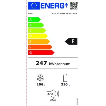 Lodówka BEKO B1RCNA364XB — 316 L pojemności całkowitej, chłodziarka 210 L, zamrażarka 106 L, No Frost, prawy zawias