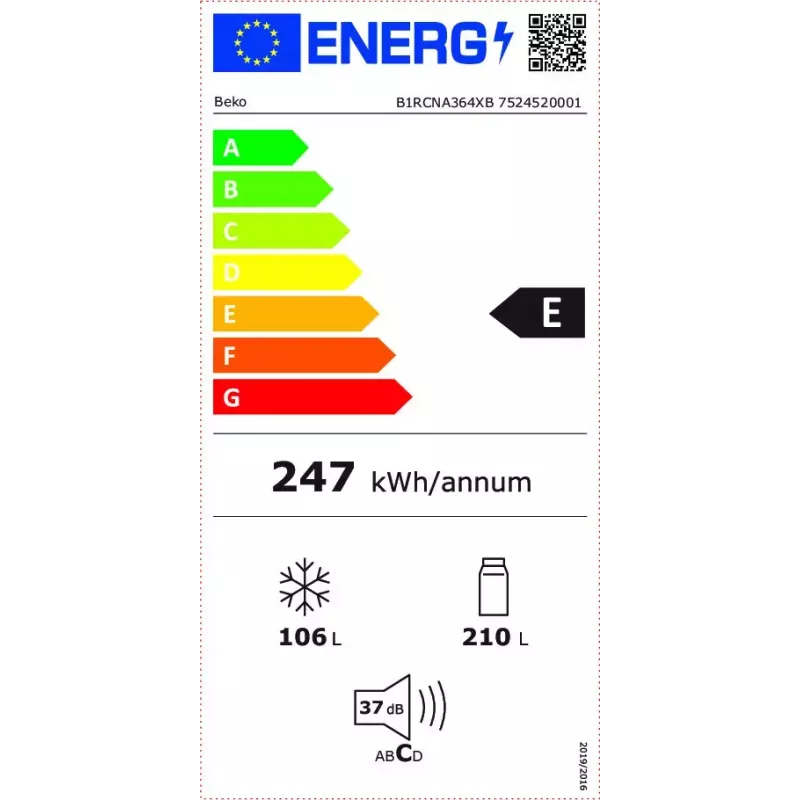 Lodówka BEKO B1RCNA364XB — 316 L pojemności całkowitej, chłodziarka 210 L, zamrażarka 106 L, No Frost, prawy zawias