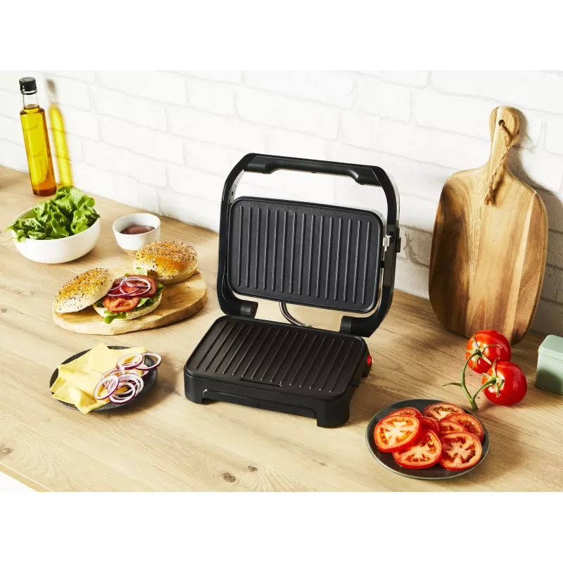 Grill kontaktowy Tefal Inicio Compact GC270D10 — prostokątny 1000W, ruszt, czarny/stal nierdzewna