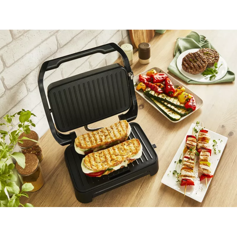 Grill kontaktowy Tefal Inicio Compact GC270D10 — prostokątny 1000W, ruszt, czarny/stal nierdzewna