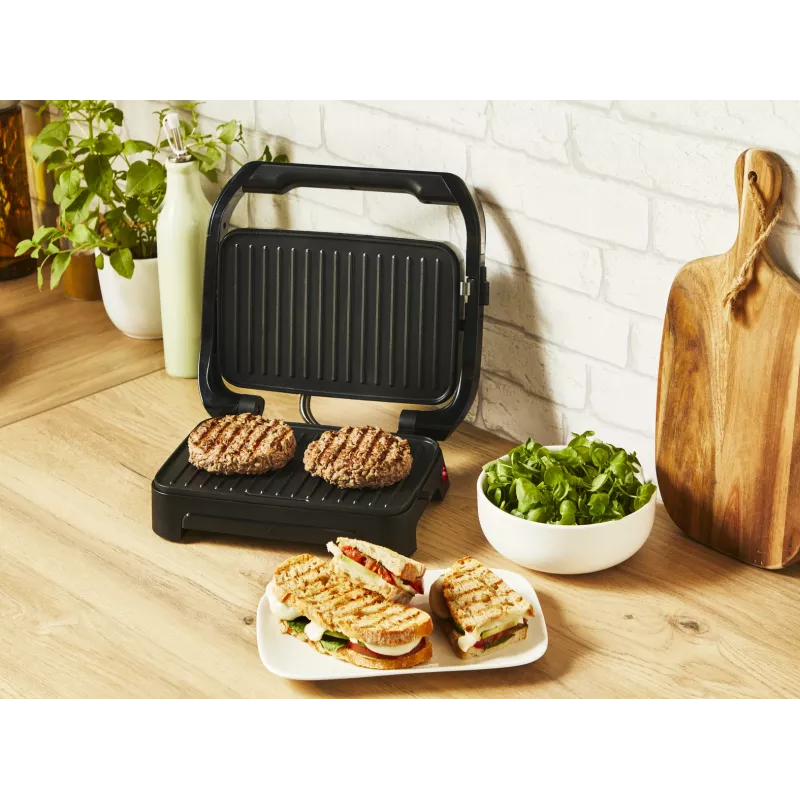 Grill kontaktowy Tefal Inicio Compact GC270D10 — prostokątny 1000W, ruszt, czarny/stal nierdzewna