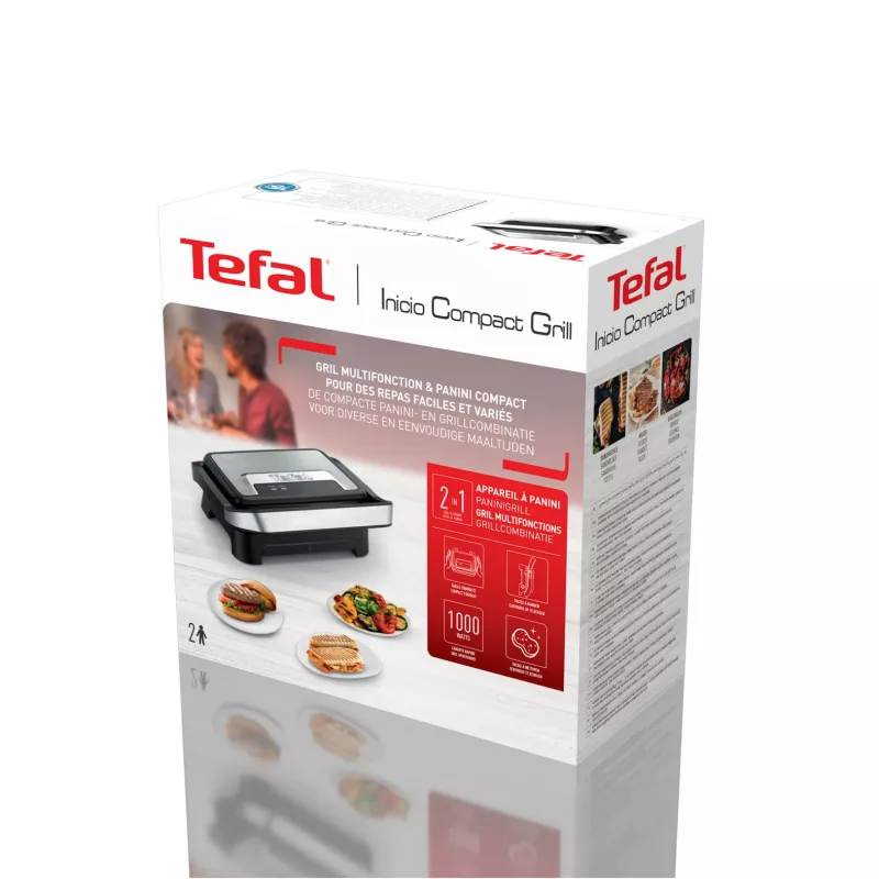 Grill kontaktowy Tefal Inicio Compact GC270D10 — prostokątny 1000W, ruszt, czarny/stal nierdzewna