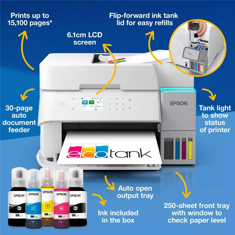 Wielofunkcyjna drukarka atramentowa Epson EcoTank L6376 — Kolor, A4, 4800 x 1200 DPI, 35 str./min, Wi‑Fi, Ethernet, Duplex