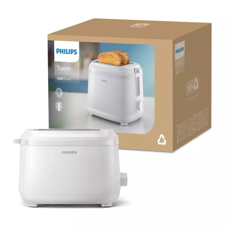 Toster Philips 3000 series, 2 kromki, biały, metal, przyciski, pokrętło, 900 W, 220-240 V