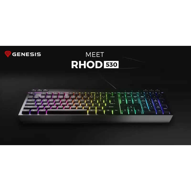 Przewodowa klawiatura gamingowa pełnowymiarowa Genesis Rhod 530, USB, QWERTY US, membranowa, podświetlenie RGB, 114 klawiszy, kabel 1,8 m, czarna