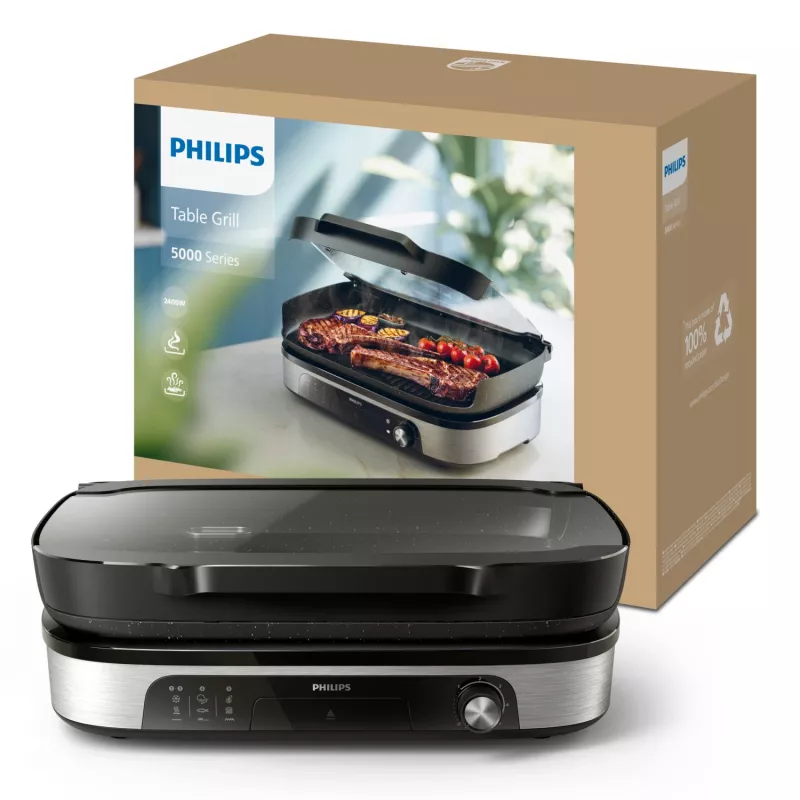 Elektryczna patelnia grillowa Philips HD6212/90 2400 W, grill wolnostojący z 2 strefami, powierzchnia aluminiowa 1250 cm², maks. 220°C
