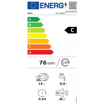 BEKO Zmywarka | BDIN38542P | Do zabudowy | Szerokość 60 cm | Liczba kompletów 15 | Liczba programów 8 | Klasa efektywności energetycznej C | Wyświetlacz | Funkcja AquaStop | Biały