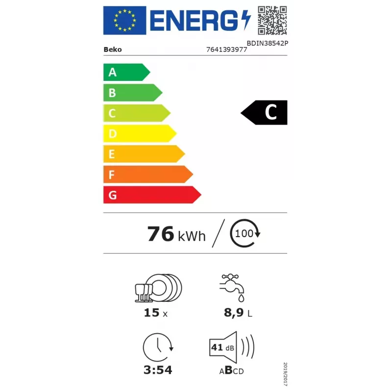 BEKO Zmywarka | BDIN38542P | Do zabudowy | Szerokość 60 cm | Liczba kompletów 15 | Liczba programów 8 | Klasa efektywności energetycznej C | Wyświetlacz | Funkcja AquaStop | Biały