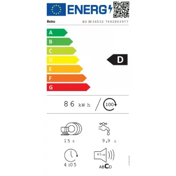 Zmywarka w pełni do zabudowy BEKO BDIN36532 — 15 kompletów, 60 cm, stal nierdzewna, 45 dB, klasa energetyczna D