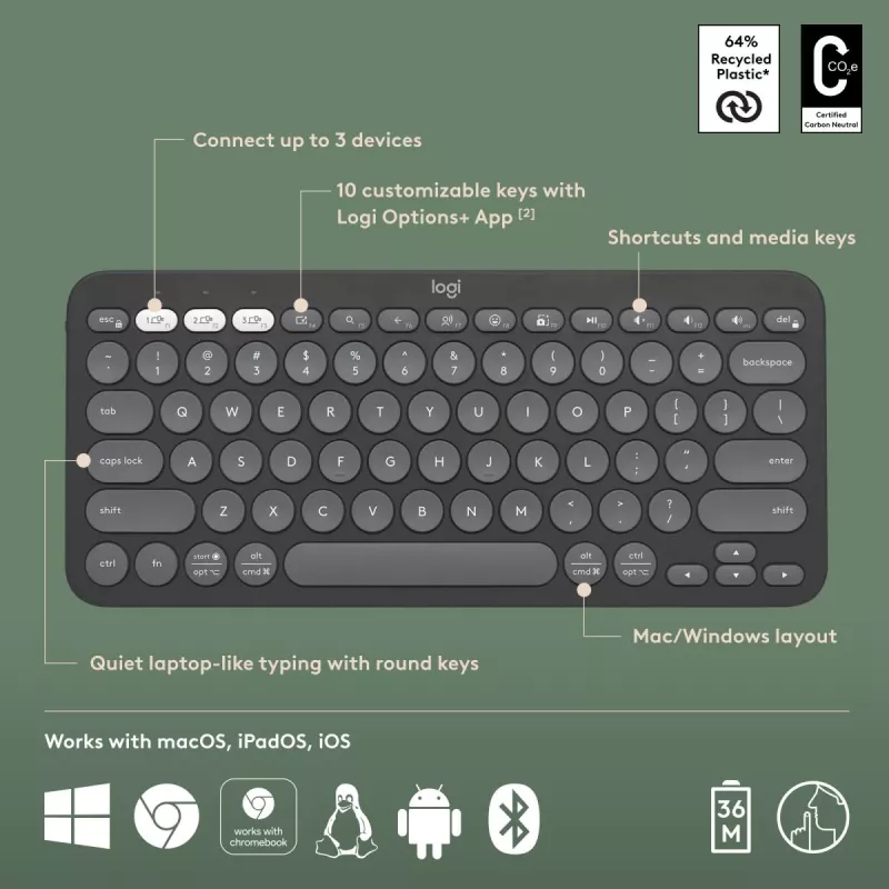 Logitech Pebble Keys 2 K380s klawiatura Universal RF Wireless + Bluetooth QWERTY US International Graphite