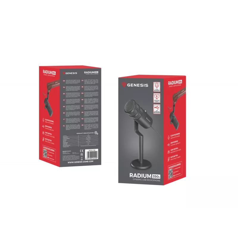 Przewodowy mikrofon PC GENESIS Radium 350D — USB Type-A/Type-C, czułość -48 dB, 16–14000 Hz, kabel 2,5 m, czarny