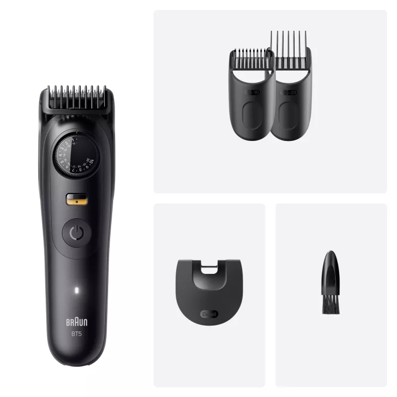 Trymer do brody BRAUN BT5520 — 0,5–20 mm, 40 stopni długości, akumulatorowy, 120 min pracy, czarny