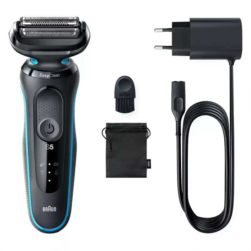 Golarka foliowa BRAUN Series 5 51-M1000s — 3 głowice, Wet & Dry, wbudowany akumulator Li‑Ion, szybkie ładowanie, czarno-niebieska