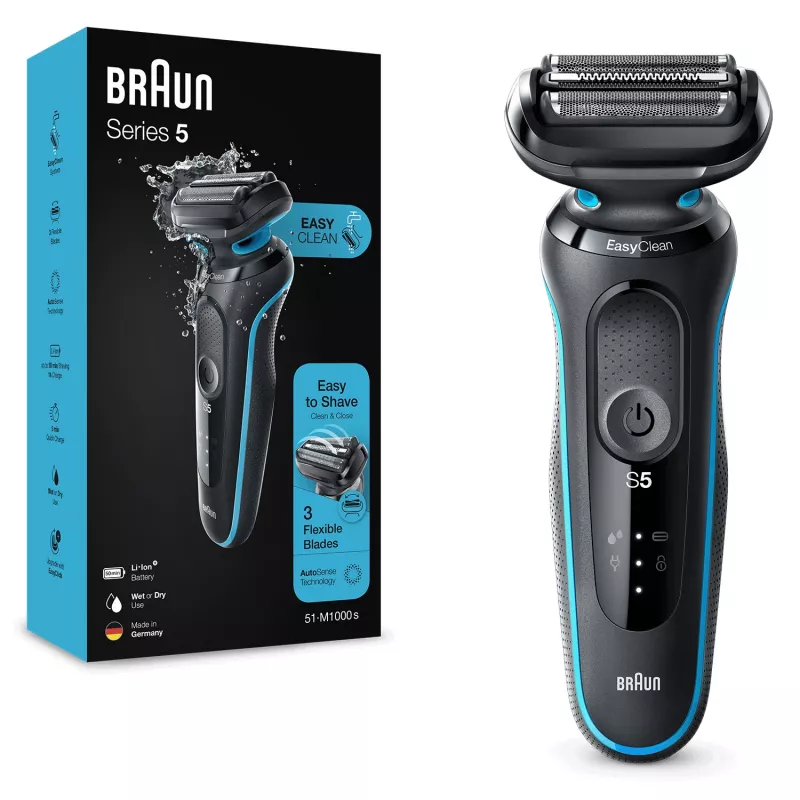 Golarka foliowa BRAUN Series 5 51-M1000s — 3 głowice, Wet & Dry, wbudowany akumulator Li‑Ion, szybkie ładowanie, czarno-niebieska