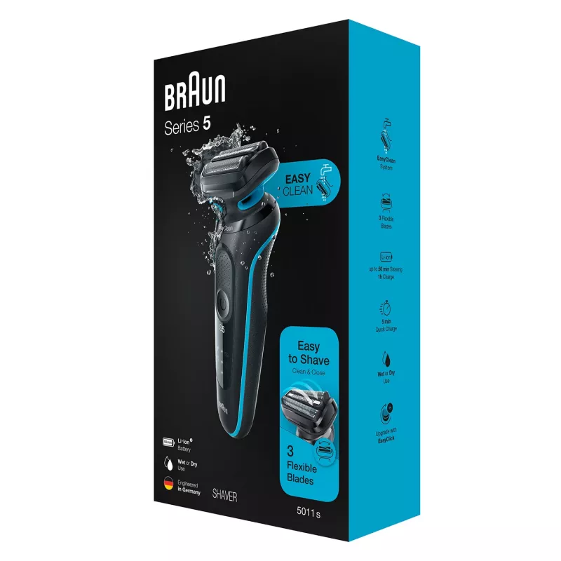 Golarka foliowa BRAUN Series 5 51-M1000s — 3 głowice, Wet & Dry, wbudowany akumulator Li‑Ion, szybkie ładowanie, czarno-niebieska