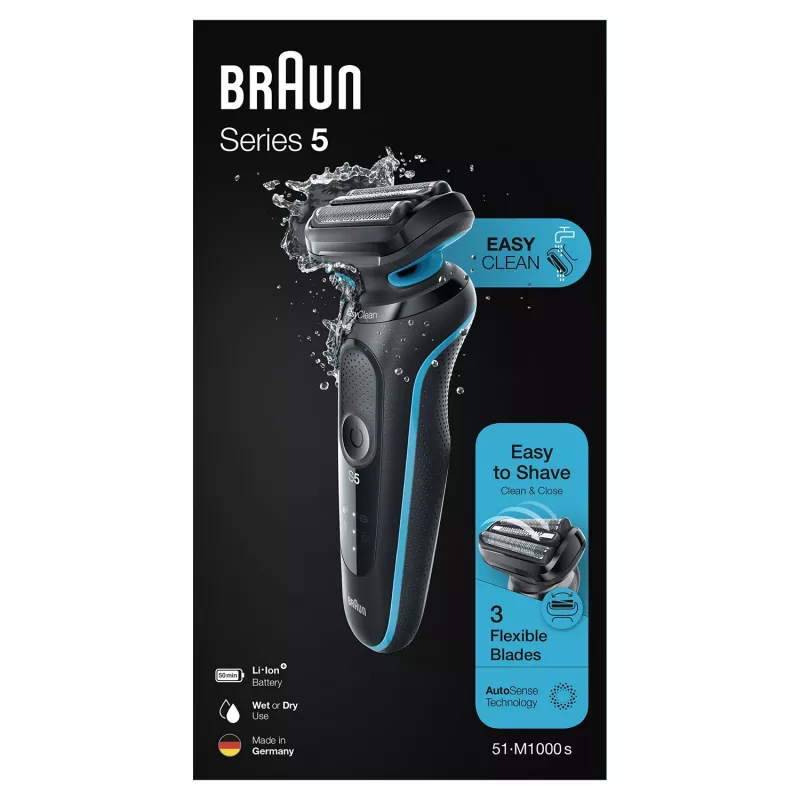 Golarka foliowa BRAUN Series 5 51-M1000s — 3 głowice, Wet & Dry, wbudowany akumulator Li‑Ion, szybkie ładowanie, czarno-niebieska