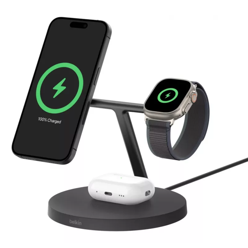 BELKIN Bezprzewodowa podstawka ładująca - Boost Charge Pro - 3-w-1 z Qi2 15 W - Czarna