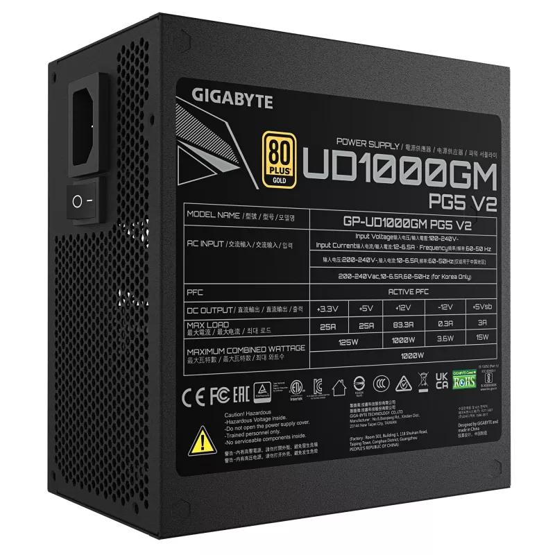 GIGABYTE UD1000GM PG5 V2 Zasilacz - PCIe Gen 5.1, 80 PLUS Gold, w pełni modułowa konstrukcja, wentylator 120 mm, kompatybilny z ATX 3.1, wtyczka EU