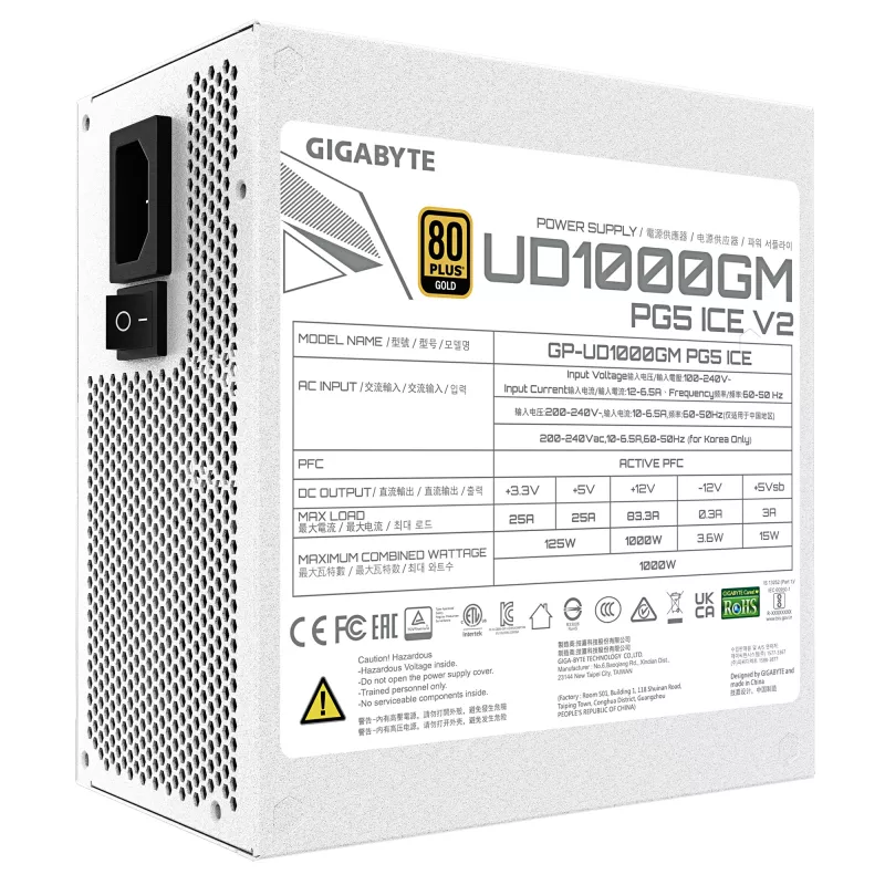 Zasilacz GIGABYTE UD1000GM PG5 V2 1000 W ATX 3.1 w pełni modułowy 80 PLUS Gold biały