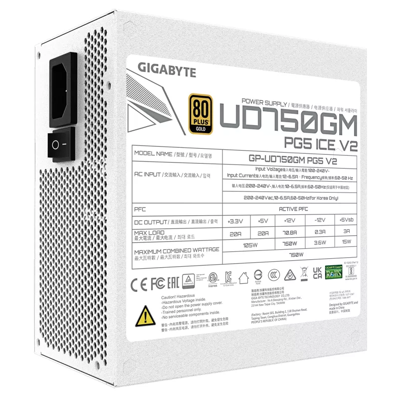 Zasilacz GIGABYTE UD750GM PG5 V2 750W ATX 3.1, 80 PLUS Gold, w pełni modułowy, 8 SATA, 4x (6+2) PCIe, 2x EPS, biały