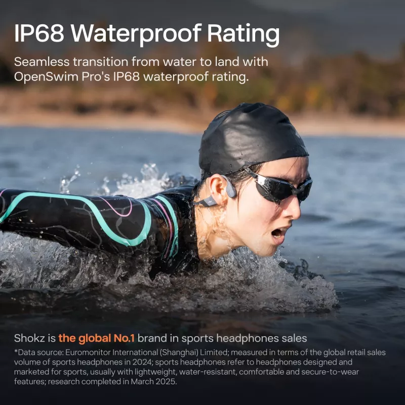 Headset Shokz OpenSwim Pro — otwarty przewodnictwo kostne bezprzewodowy zestaw słuchawkowy, IP68 wodoodporny, Bluetooth 5.4, 32 GB, 9 h odtwarzania, szary