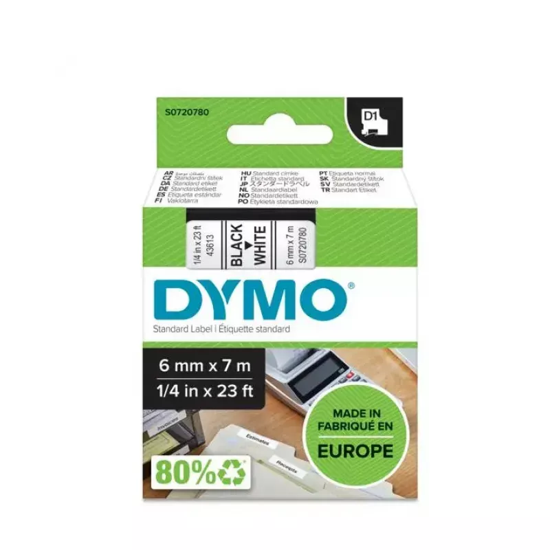 Oryginalne etykiety DYMO D1 | Czarny nadruk na białej taśmie | 6 mm x 7 m | Samoprzylepne etykiety do drukarek etykiet LabelManager | Wyprodukowano w Europie