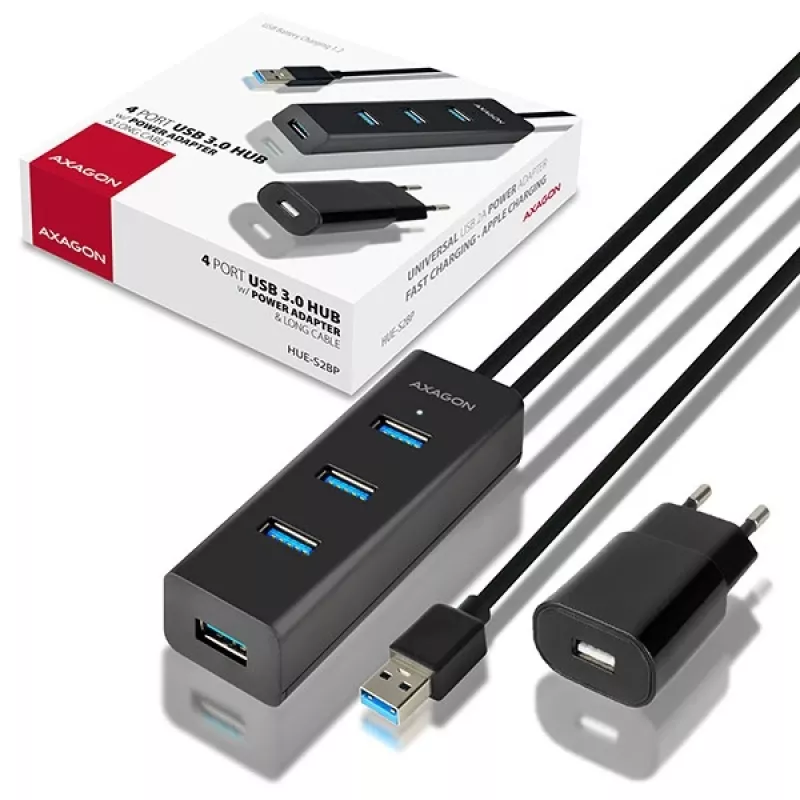 Axagon HUE-S2BP 4x USB 3.0 CHARGING hub z kablem 1,2 m w zestawie z zasilaczem AC