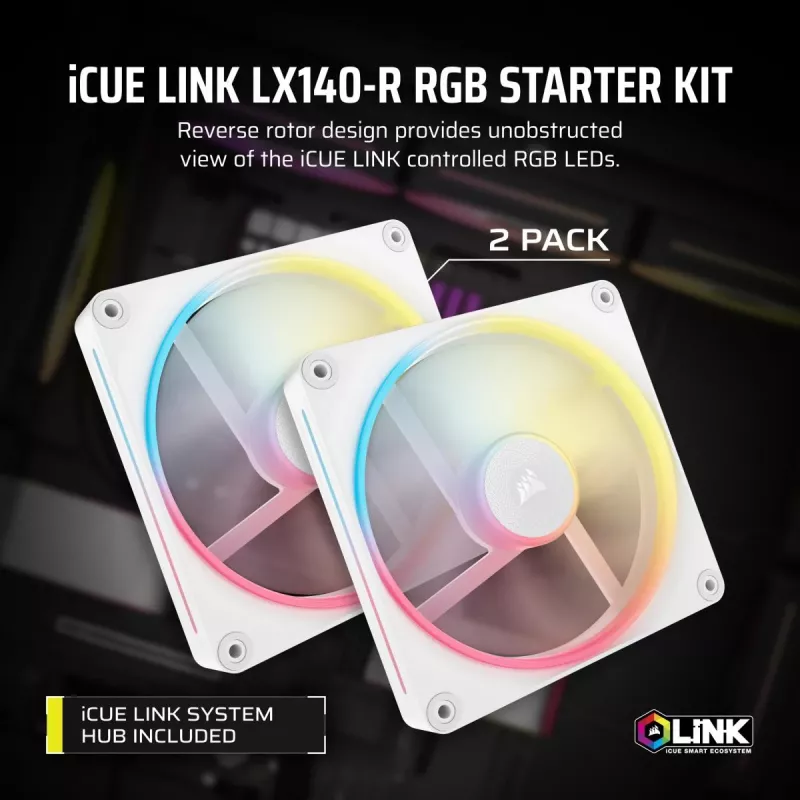 CORSAIR iCUE LINK LX140-R RGB 140 mm PWM Reverse Wentylatory Zestaw Startowy - Biały