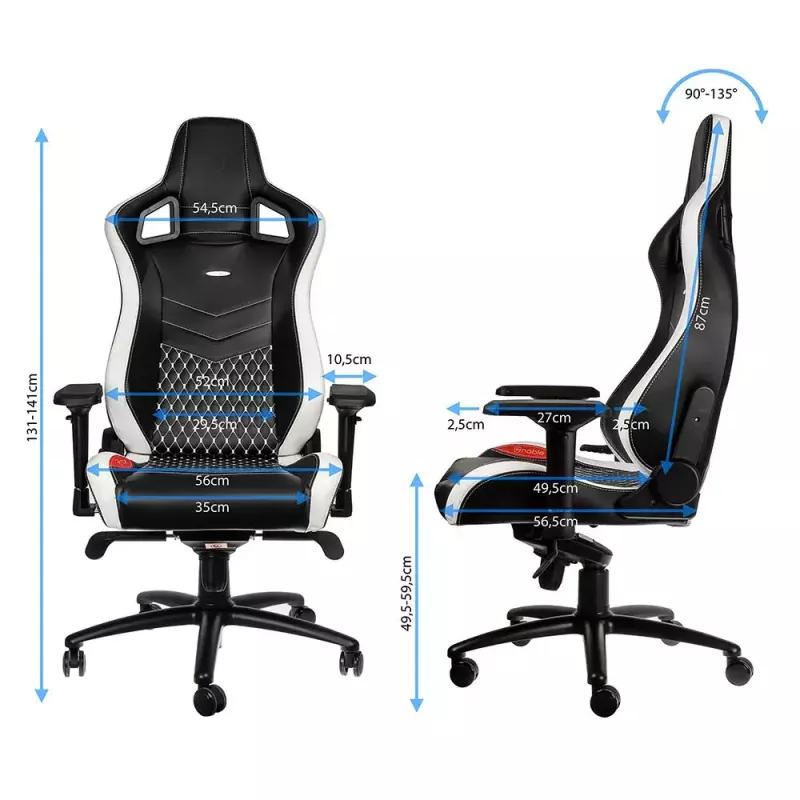 Fotel gamingowy PC noblechairs EPIC — wyściełane siedzisko, maks. obciążenie 120 kg, wysokość 131–141 cm, szerokość siedziska 56 cm, kółka kastorowe