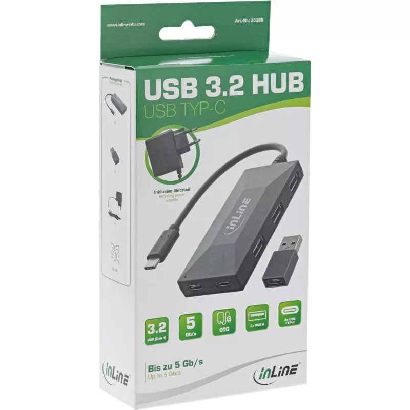 InLine USB 3.2 Gen.1 Hub, USB-C na 2 porty USB-C i 3 porty USB-A, z zasilaczem