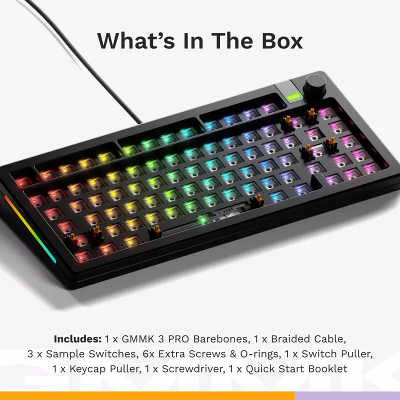 Klawiatura mechaniczna GLORIOUS GMMK 3 PRO 75% Barebones przewodowa USB, RGB, czarna, kabel 2 m
