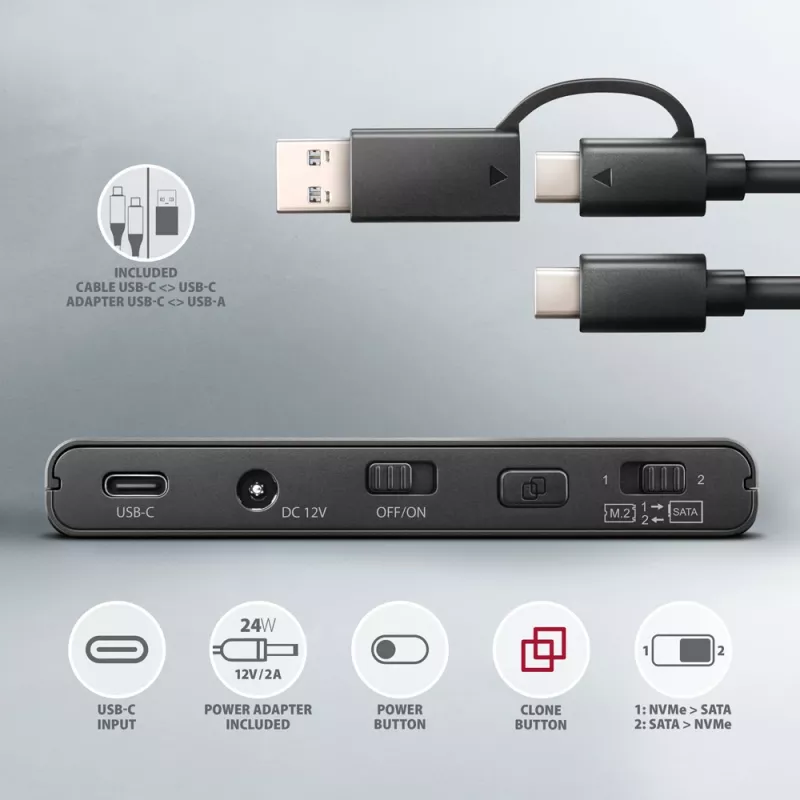 Clone Master USB-C Axagon ADSA-CC NVMe M.2 SSD i SATA HDD