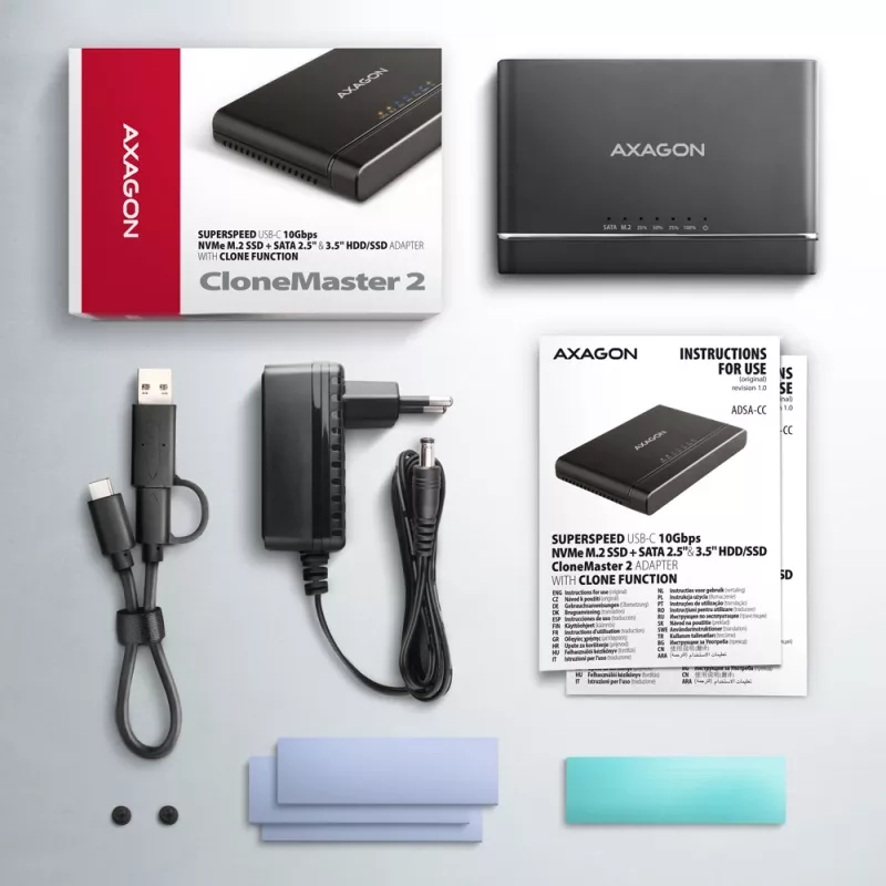 Clone Master USB-C Axagon ADSA-CC NVMe M.2 SSD i SATA HDD