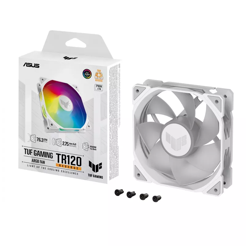 Chłodzenie powietrzne ASUS TUF GAMING TR120 ARGB REVERSE 120 mm 2000 RPM białe, łożysko hydrauliczne, 76,3 CFM