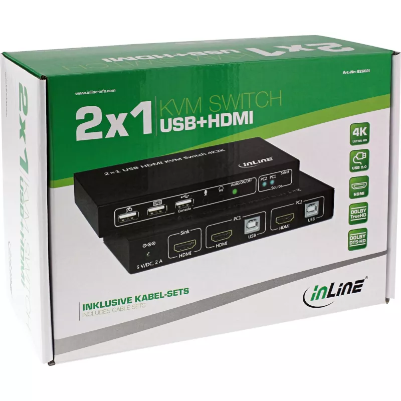 Przełącznik KVM InLine 2x1, 2x1, HDMI 4K2K, koncentrator USB 2.0, z audio