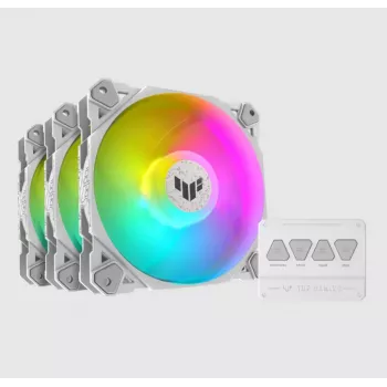 Chłodzenie powietrzne ASUS TUF GAMING TF120 ARGB biały EDITION — 3×120 mm wentylatory, 1900 RPM, 29 dB, pilot zdalnego sterowania