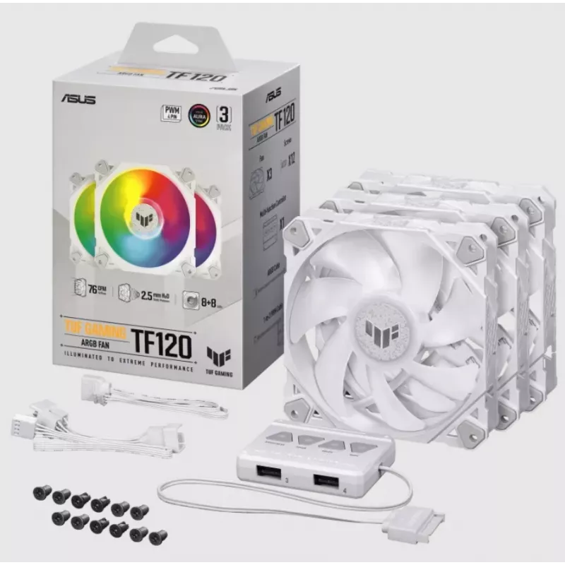 Chłodzenie powietrzne ASUS TUF GAMING TF120 ARGB biały EDITION — 3×120 mm wentylatory, 1900 RPM, 29 dB, pilot zdalnego sterowania