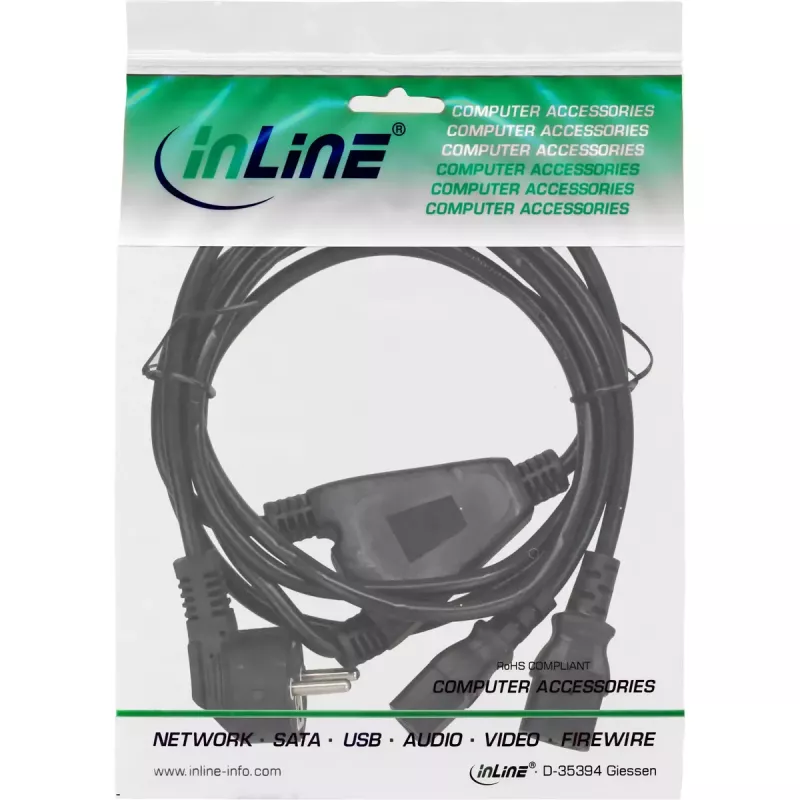 Kabel Y InLine 1x CEE 7/7 kątowy / 2x 3-pinowe wtyki IEC C13 męskie, 1,8 m