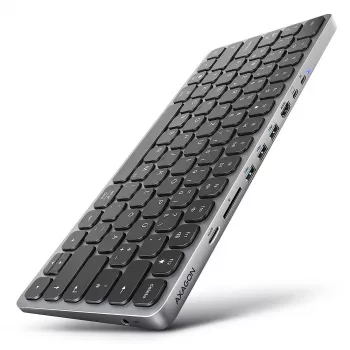 Axagon HMC-KB-GE, Hub USB 5Gbps z klawiaturą, HDMI 4K/60Hz, 3x USB-A, SD/mSD, audio, PD 100, układ niemiecki