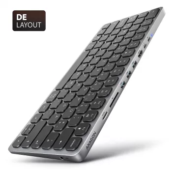 Axagon HMC-KB-GE, Hub USB 5Gbps z klawiaturą, HDMI 4K/60Hz, 3x USB-A, SD/mSD, audio, PD 100, układ niemiecki