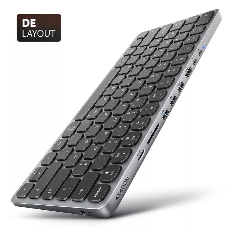 Axagon HMC-KB-GE, Hub USB 5Gbps z klawiaturą, HDMI 4K/60Hz, 3x USB-A, SD/mSD, audio, PD 100, układ niemiecki