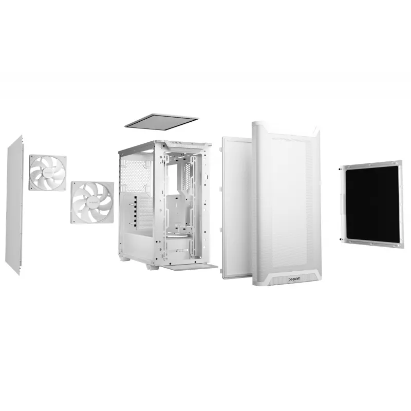 be quiet! PURE BASE 501 Airflow Midi Tower Biała — ATX, 3×140 mm przód, 1×140 mm tył, 5×2,5 cala, 2×3,5 cala, USB‑C, wsparcie PWM
